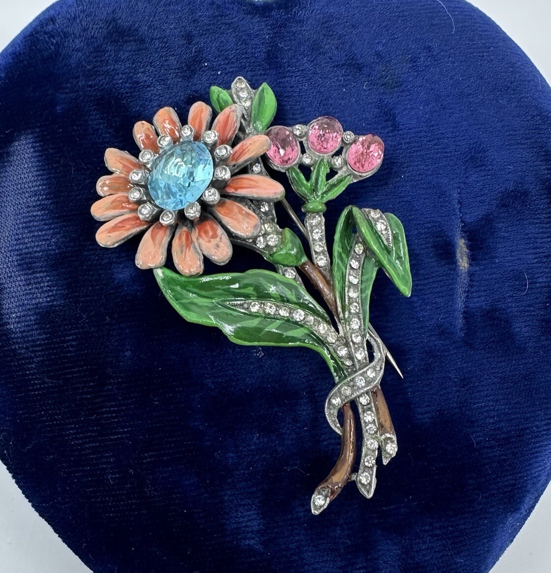 Vintage Art Deco Enamel Flower Brooch Trifari / Coro Style Pot Metal Spray Pin