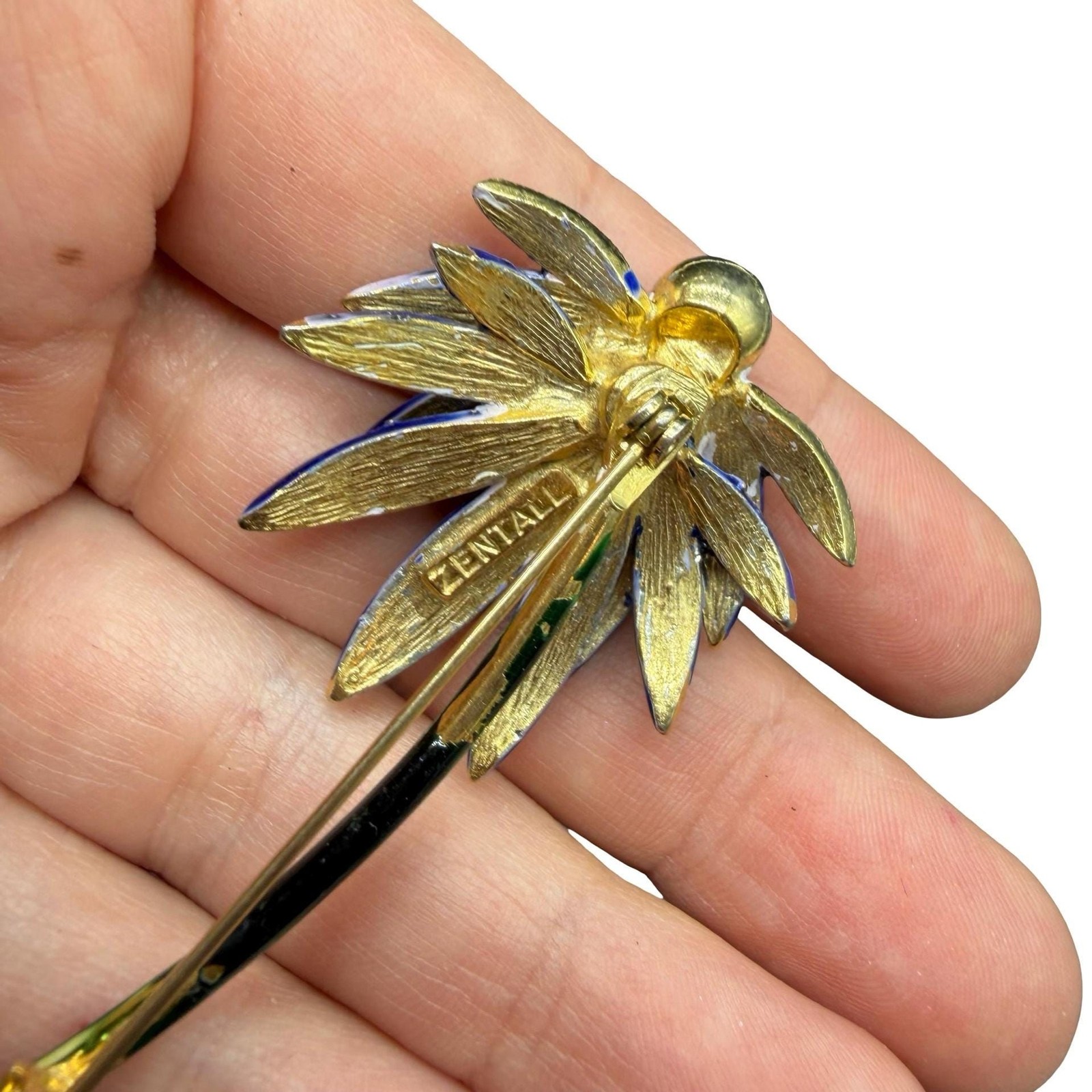 Signed Zentall Blue Enamel Flower Brooch, Gold Tone Echinacea Pin