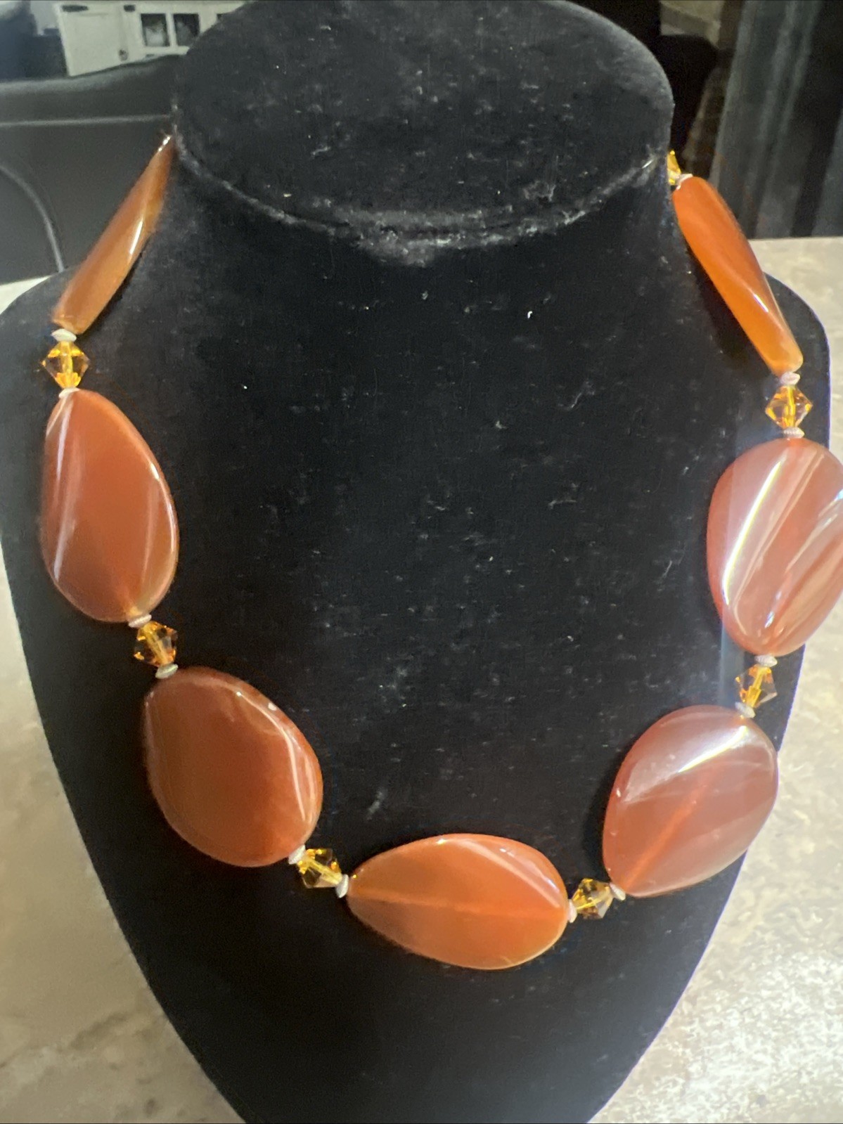 carnelian and crystal beaded necklace vintage 17″ long w/ 21/2″ extender