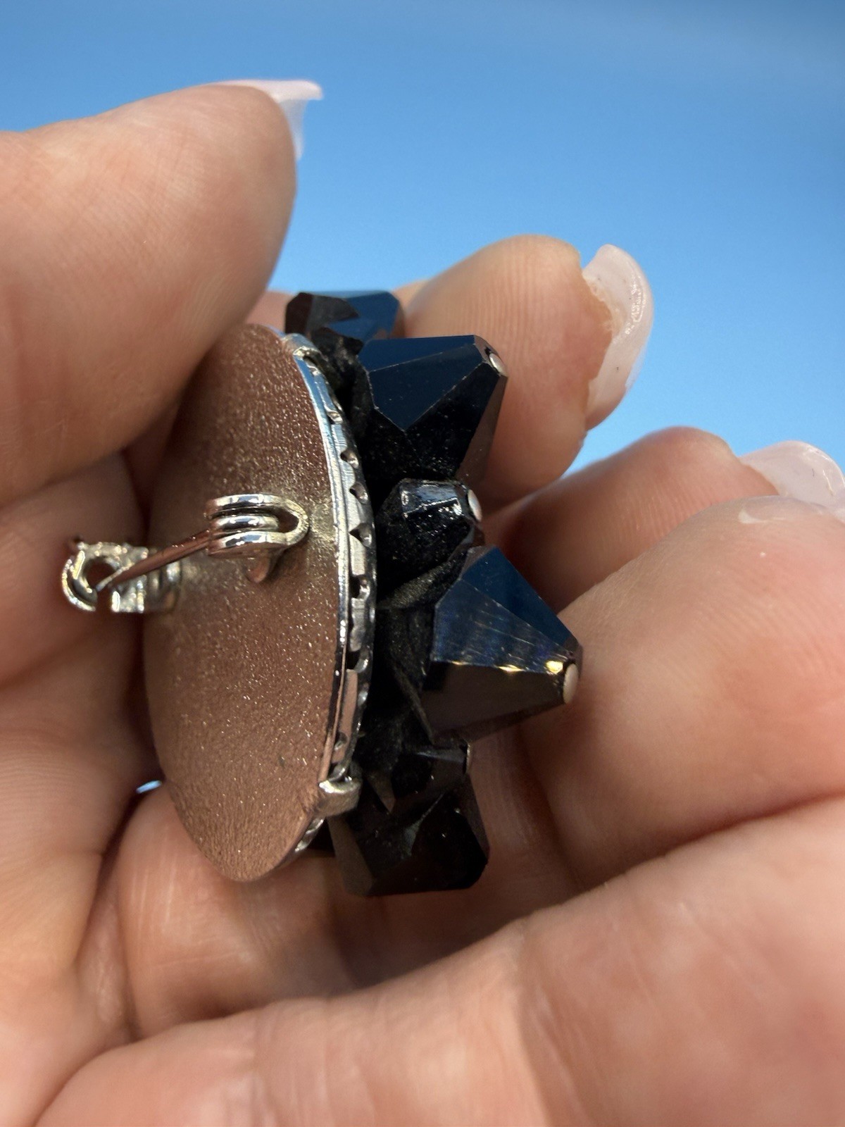 Vintage Black Faceted Glass Flower Star Pin Brooch 1 1/2 inches Across