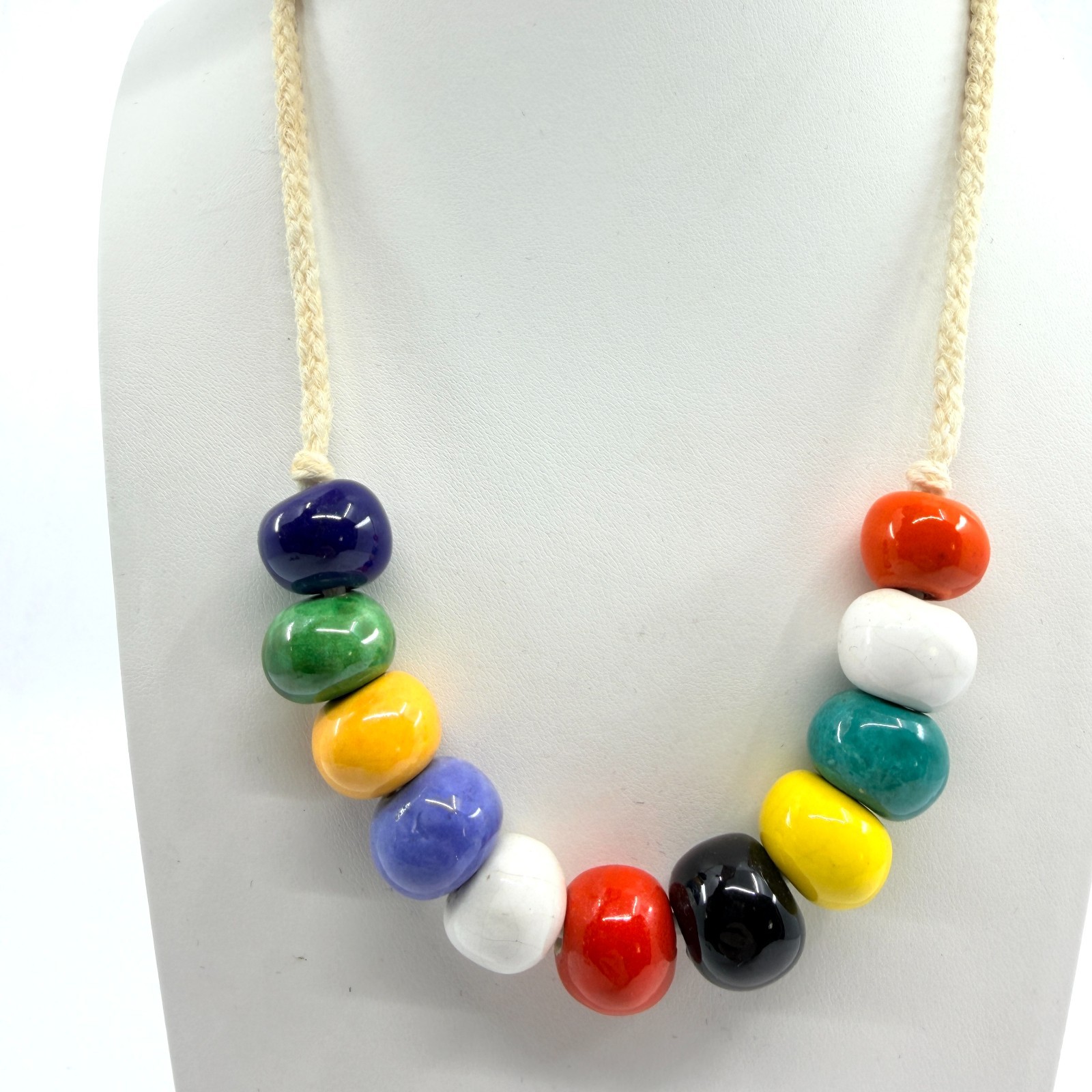 Vintage Retro Rainbow Ceramic Chunky Bead Cotton Cord Statement Necklace Craft