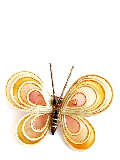 Vintage Orange Pink Woven Bamboo+ Resin Enamel Butterfly Brooch Pin~Figural Boho