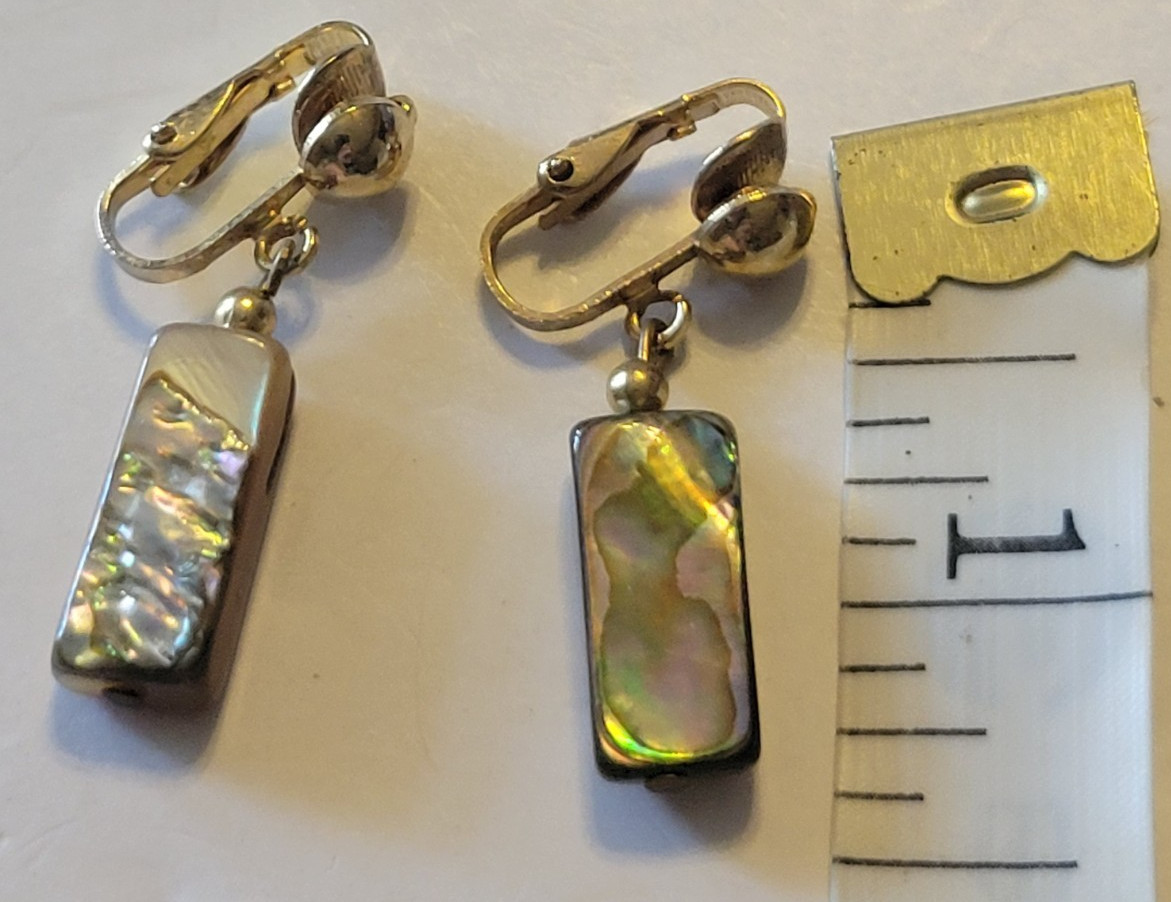 Vintage Estate Earrings Iridescent Shell Dangling Boho Clip-On Jewelry