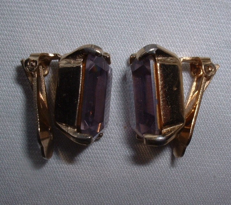 Large Chunky Purple Rectangular Rhinestone Clip-on Earrings Glam Signed Zentall