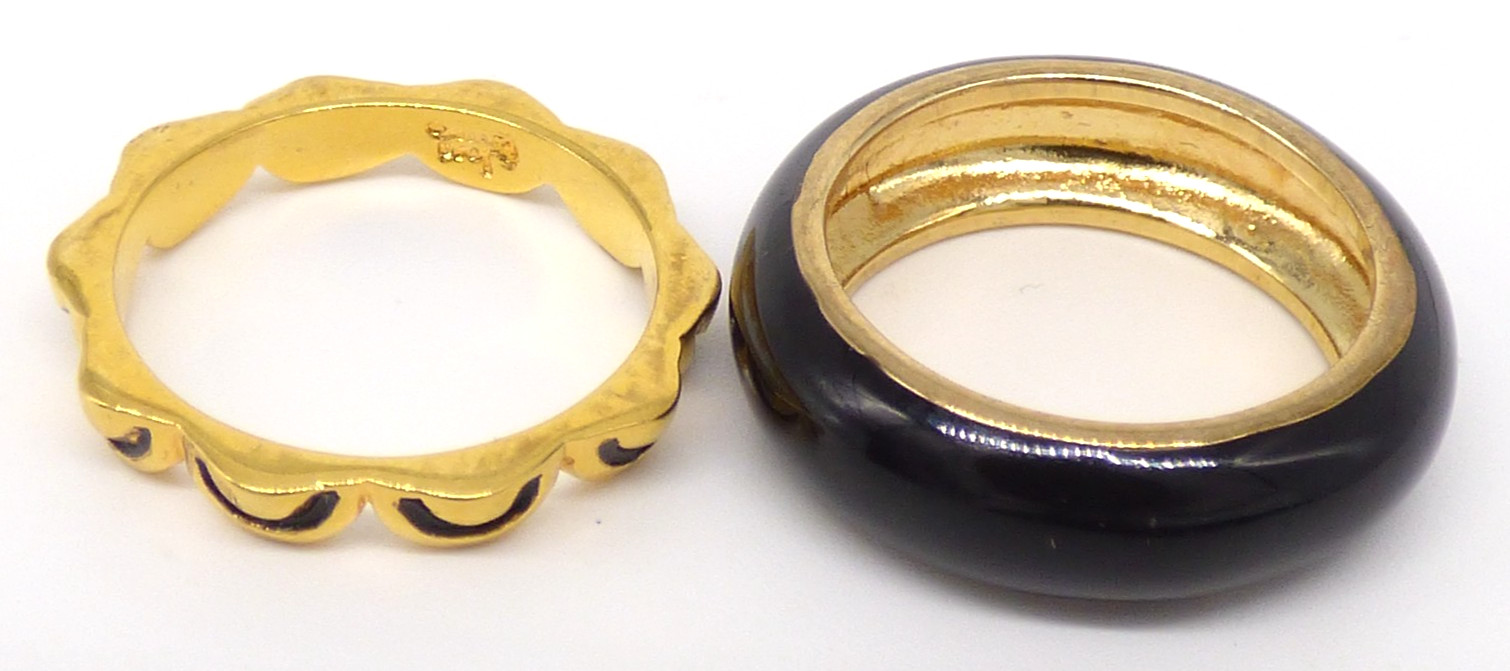 Gold Tone Ring Set Lot of 2 Size 5 Black Enamel Band Stackable Toe Rings Shiny!