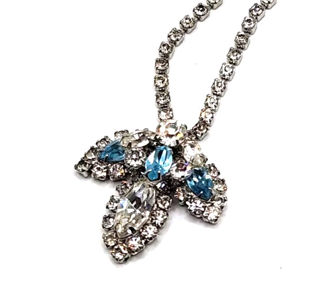 Blue White Silver Tennis Necklace 17 Inches Long Designer Rhinestone Vintage