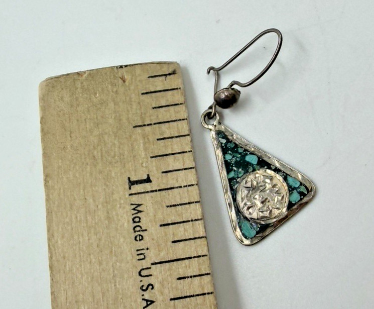 Vintage Earrings Mexico Guadalajara Dangle Triangle Turquoise Chip Inlay 925