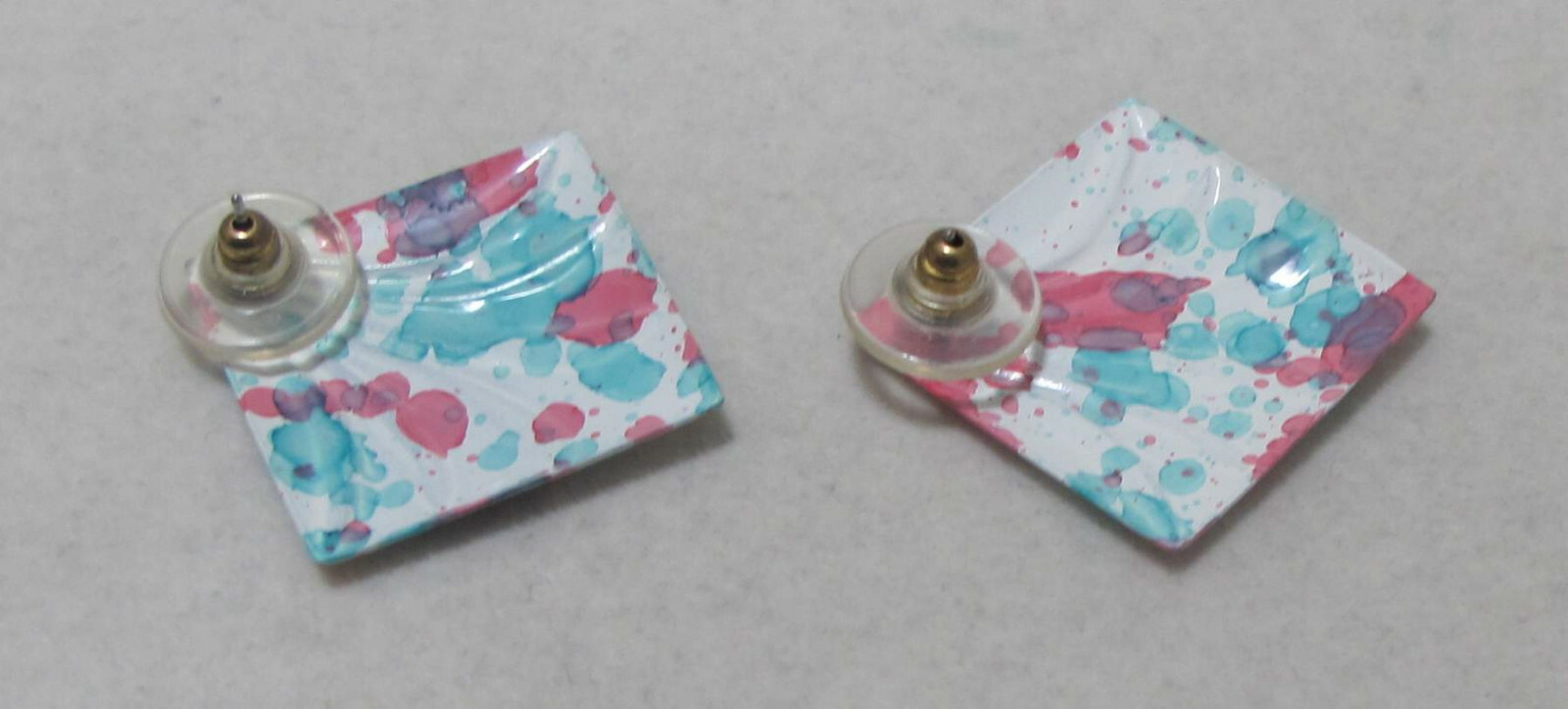Fun! Vintage Pink Purple Aqua White Splatter Enamel Diamond-Shape Post Earrings