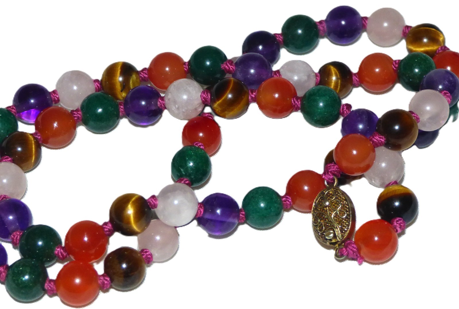 1960s Multi Colour Gemstone Hand knotted Gold Vermeil Silver Clasp Necklace
