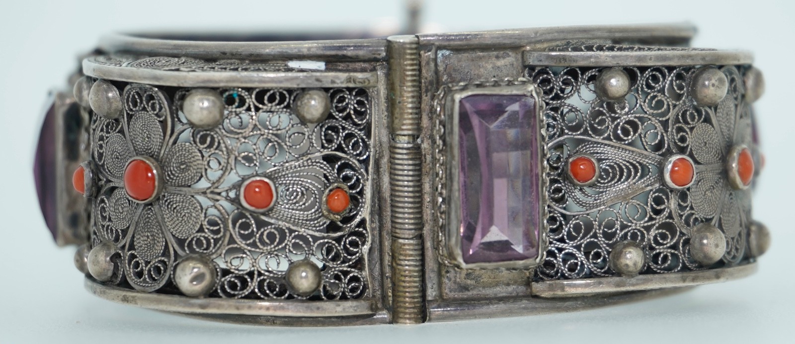 Vintage 800 Cannetille Coral & Amethyst Glass Bracelet