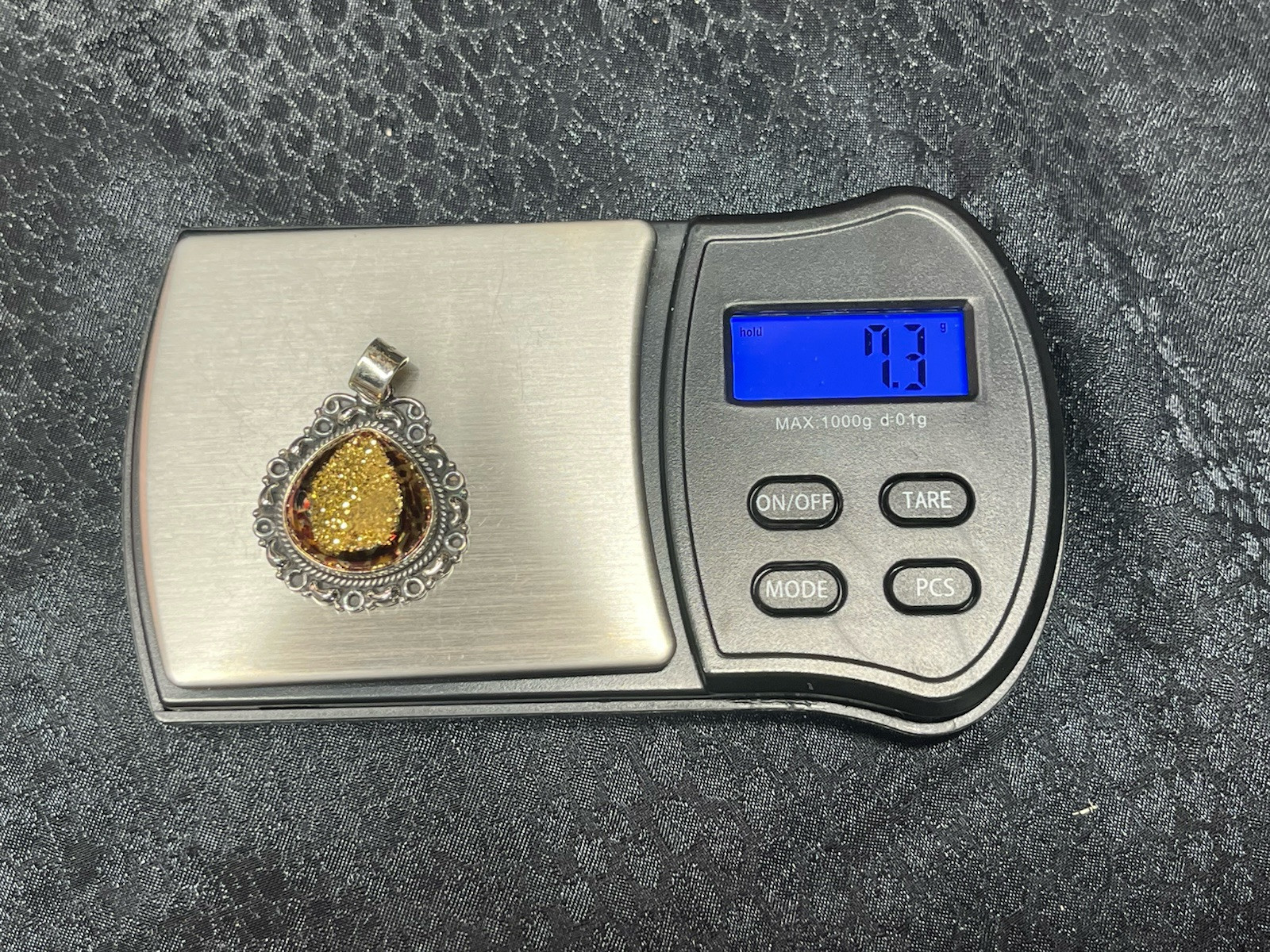 Vintage 925 Sterling Silver MCM Pendant With A Gold & Red Drusy Stone 7.3g