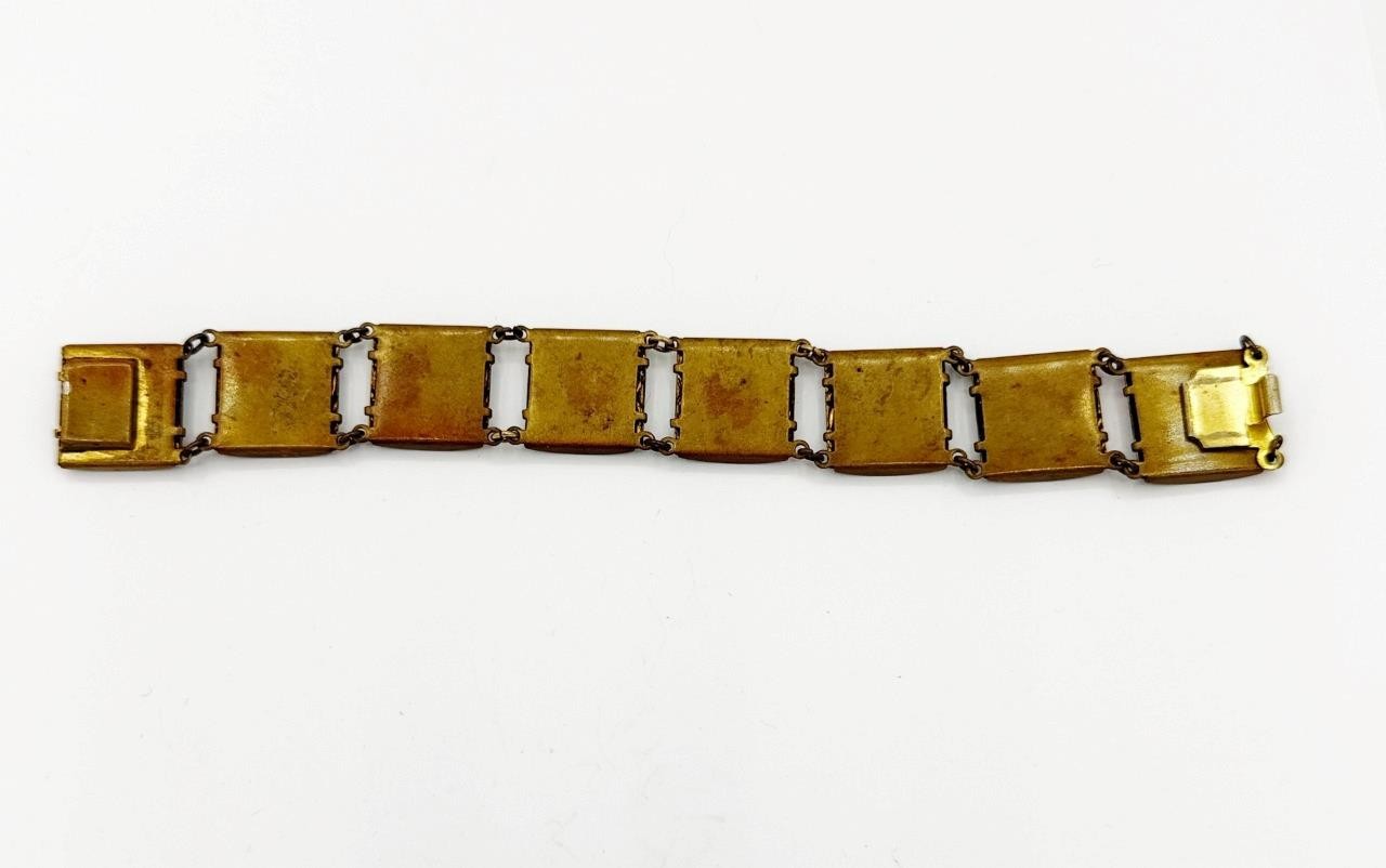 Vintage 1930s Floral Enamel & Brass Link Bracelet Made in England
