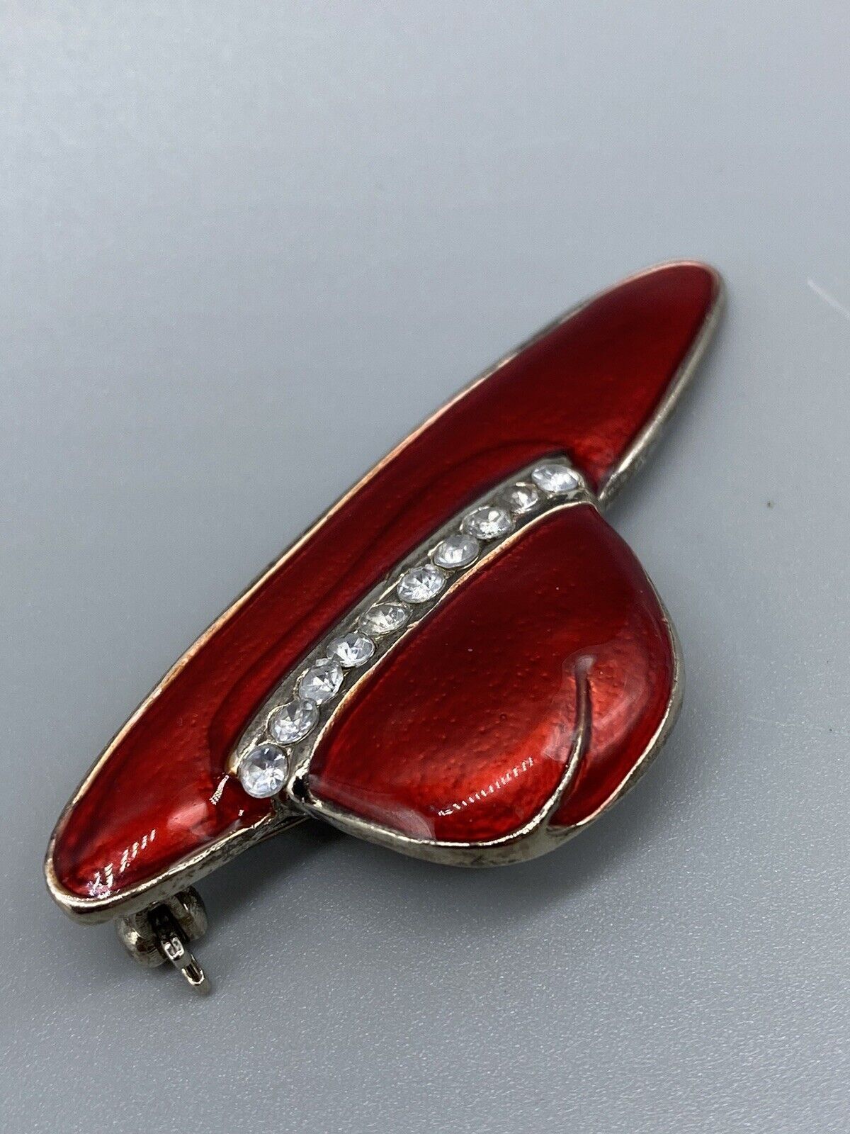 Vintage Lady Hat Red Enamel Rhinestones Silver Tone Pin Brooch