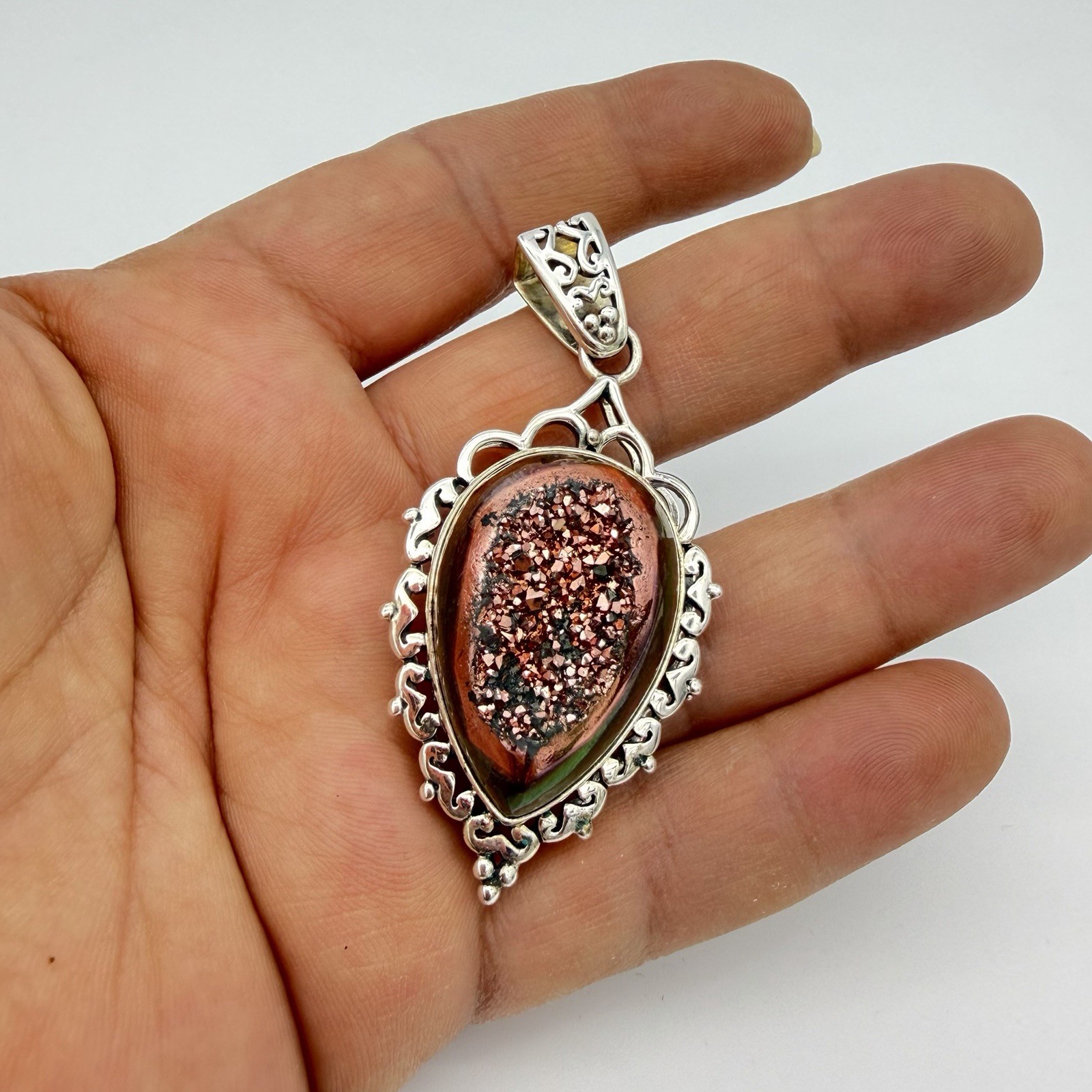 Vtg 925 Sterling Silver Pink Druzy Quartz Pendant 15.9 Signed GS QVC HSN Estate