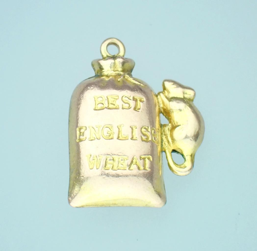 Fun! Antique Victorian Solid 9K Rose Gold Mouse Sack Of Wheat 3D Charm Pendant