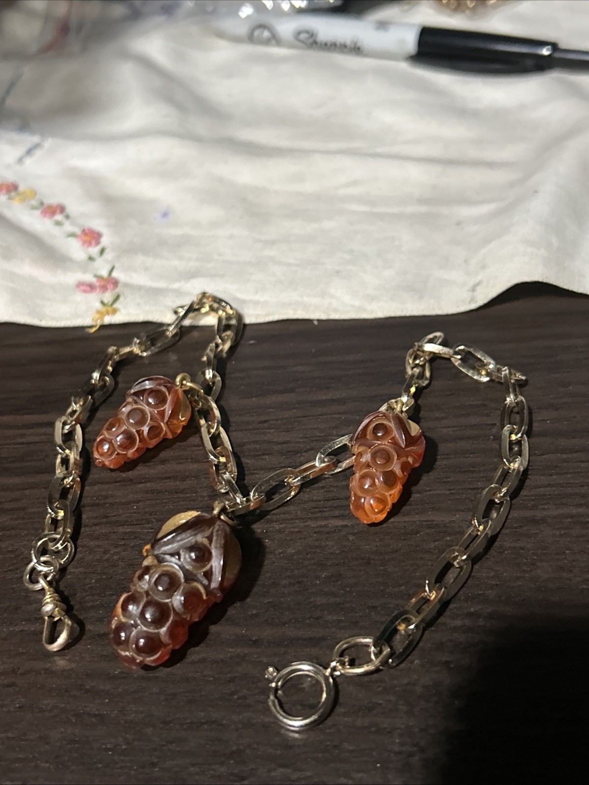Vintage Test Bakelite Apple Juice Grape Clusters 24K Dipped Gold Plate Necklace