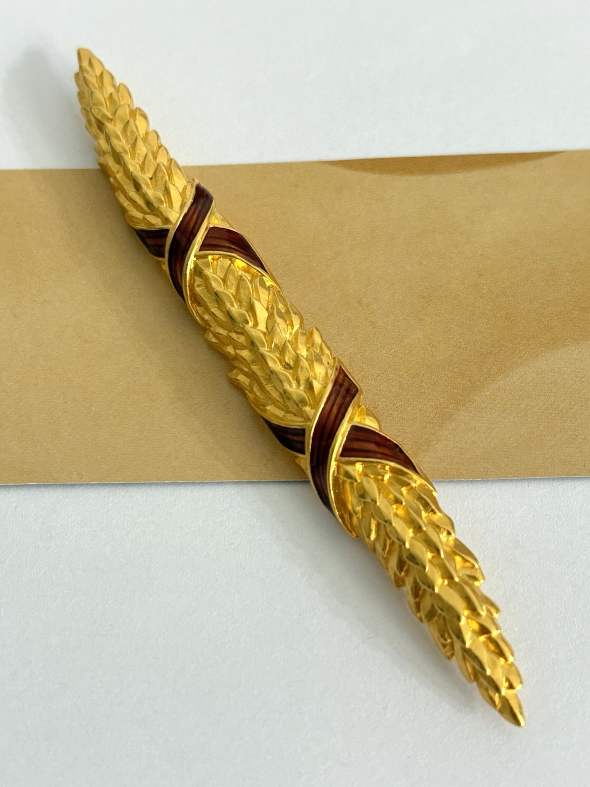 Vintage Karl Lagerfeld Wheat Brooch Brushed Matte Gold Tone Finish Red Enamel