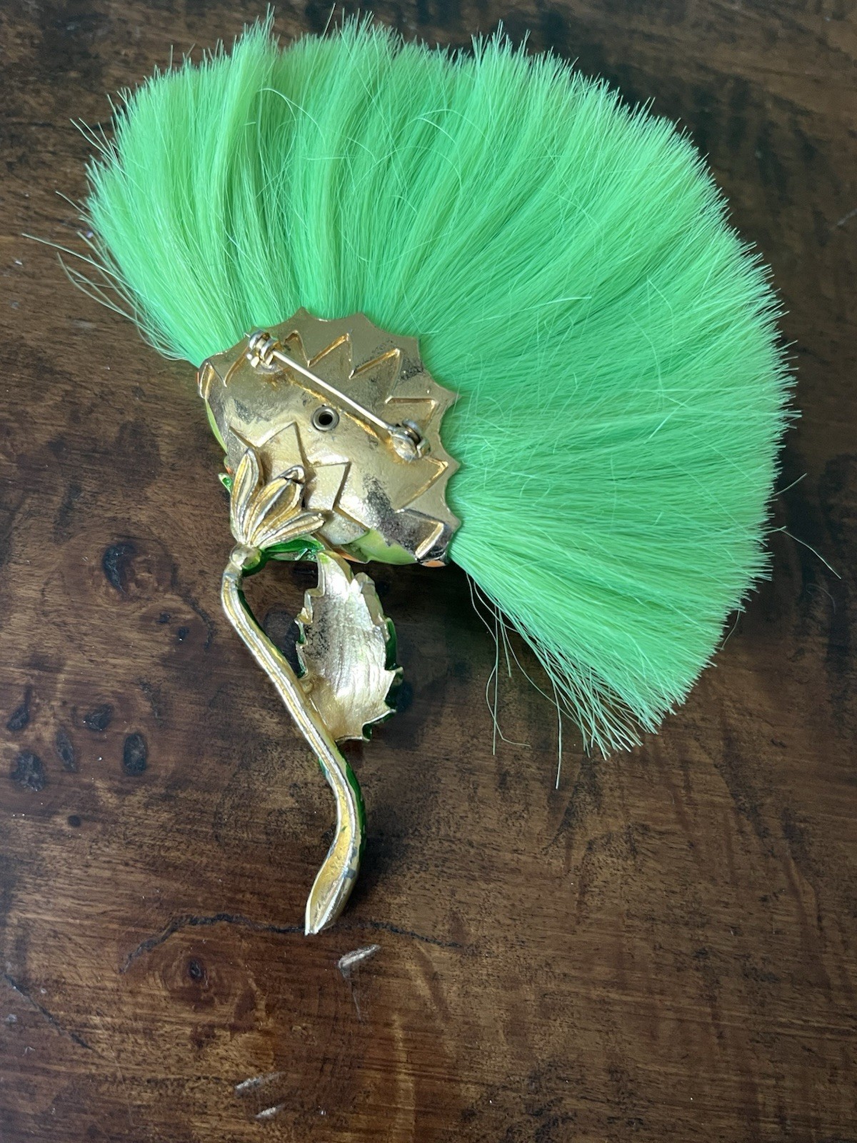 Vintage Hattie Carnegie Flower Brooch Lime Green Dynel Fiber Large Unique 60s