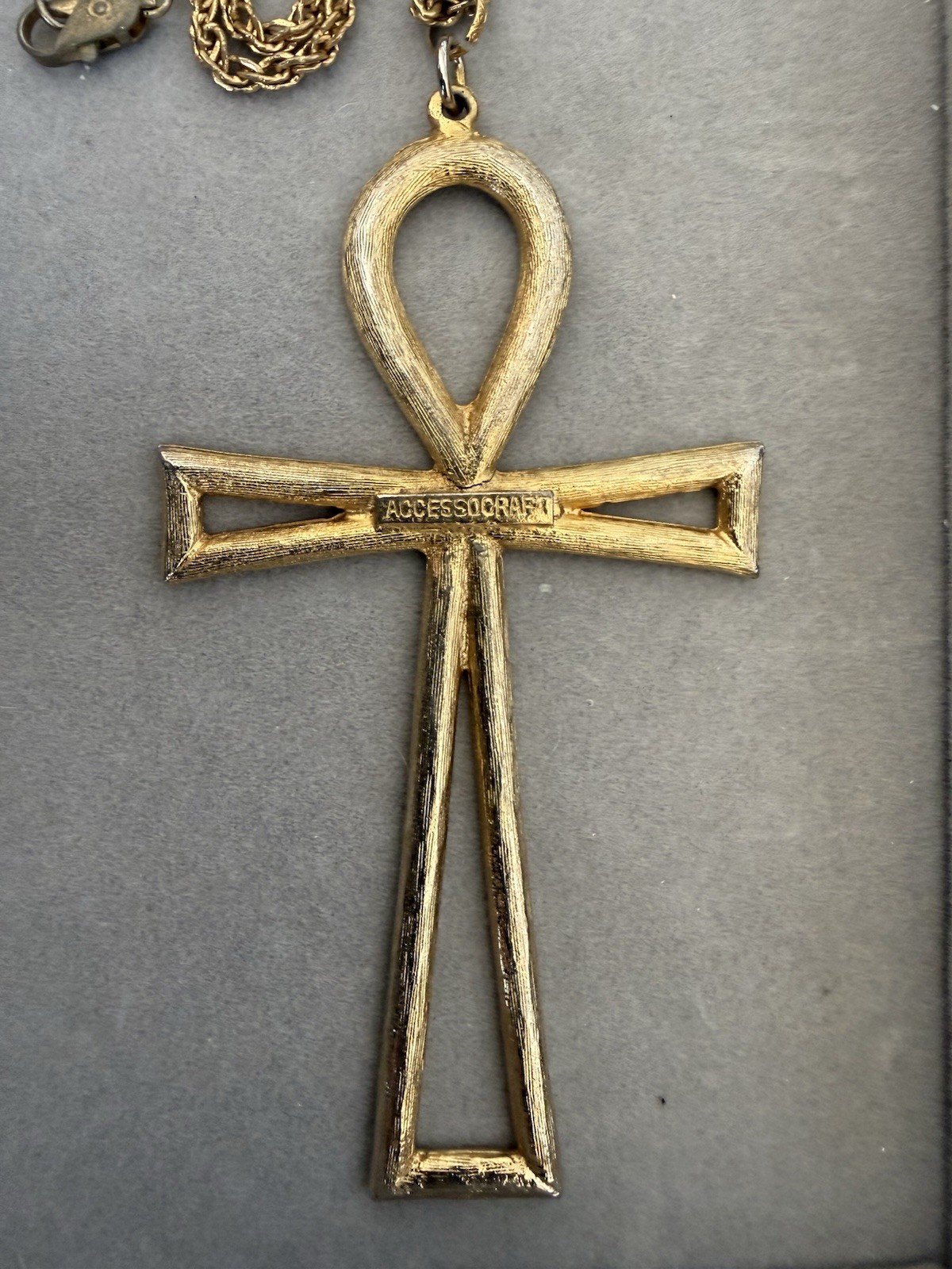 Vintage Accessocraft Egyptian Revival Ankh Pendant Necklace Enamel w/Gold Finish