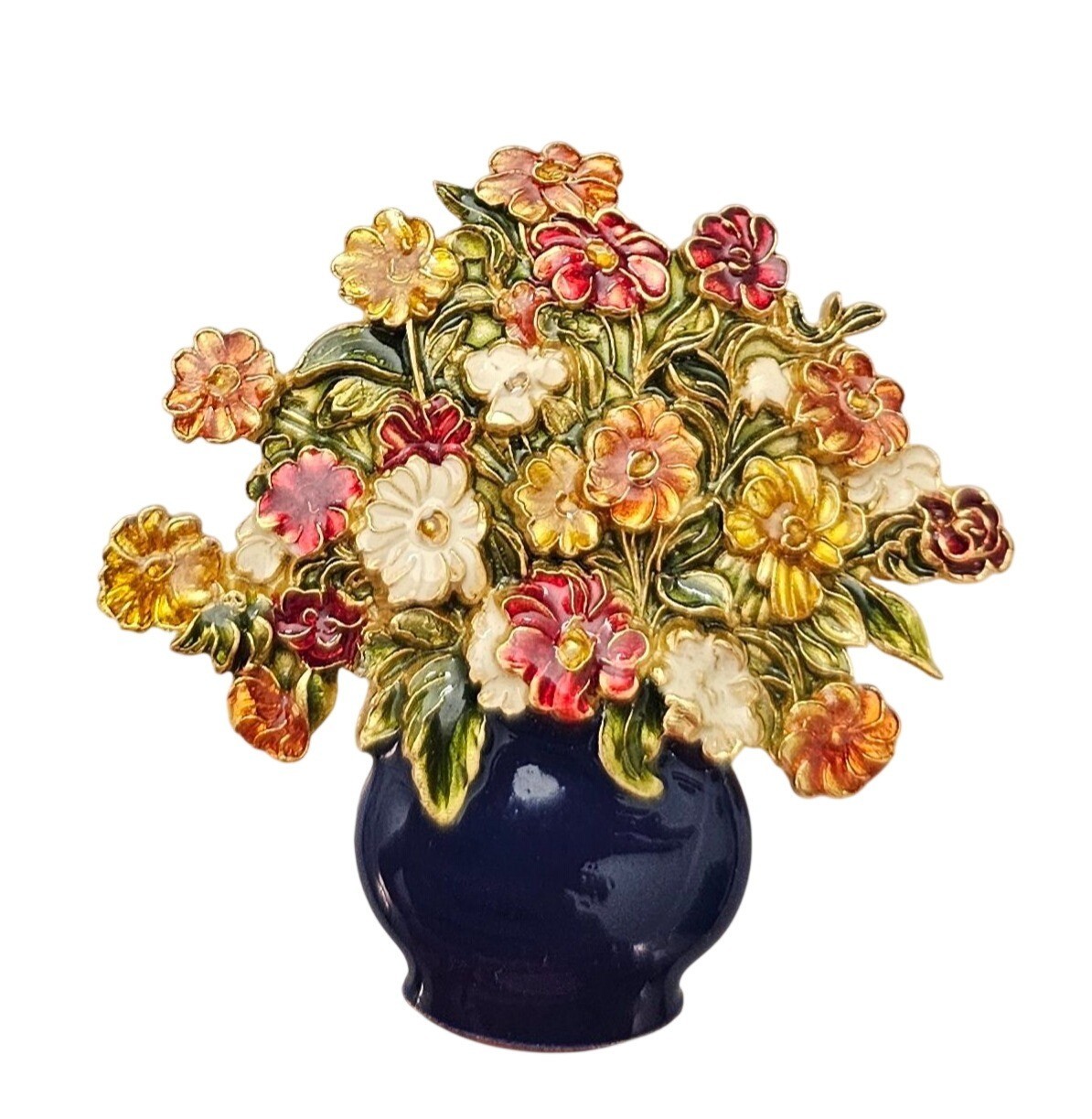 MFA Vase of Flowers Brooch, Multi-Colored Enamel Bouquet Pin Signed J790