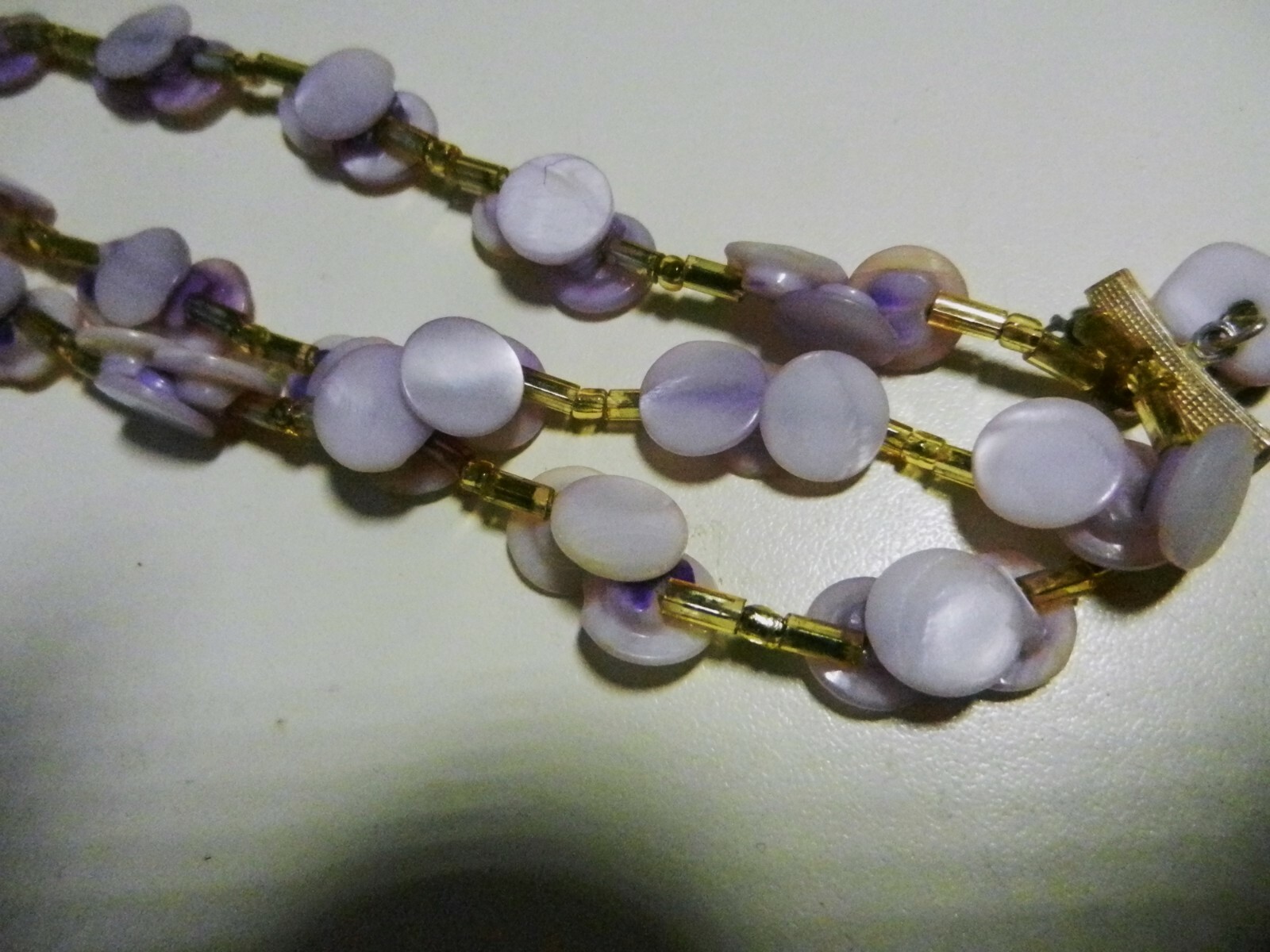 Japan Lucite 3-Strand Lozenge MOP Purple Buttons Choker Necklace 16″-18″-Vintage