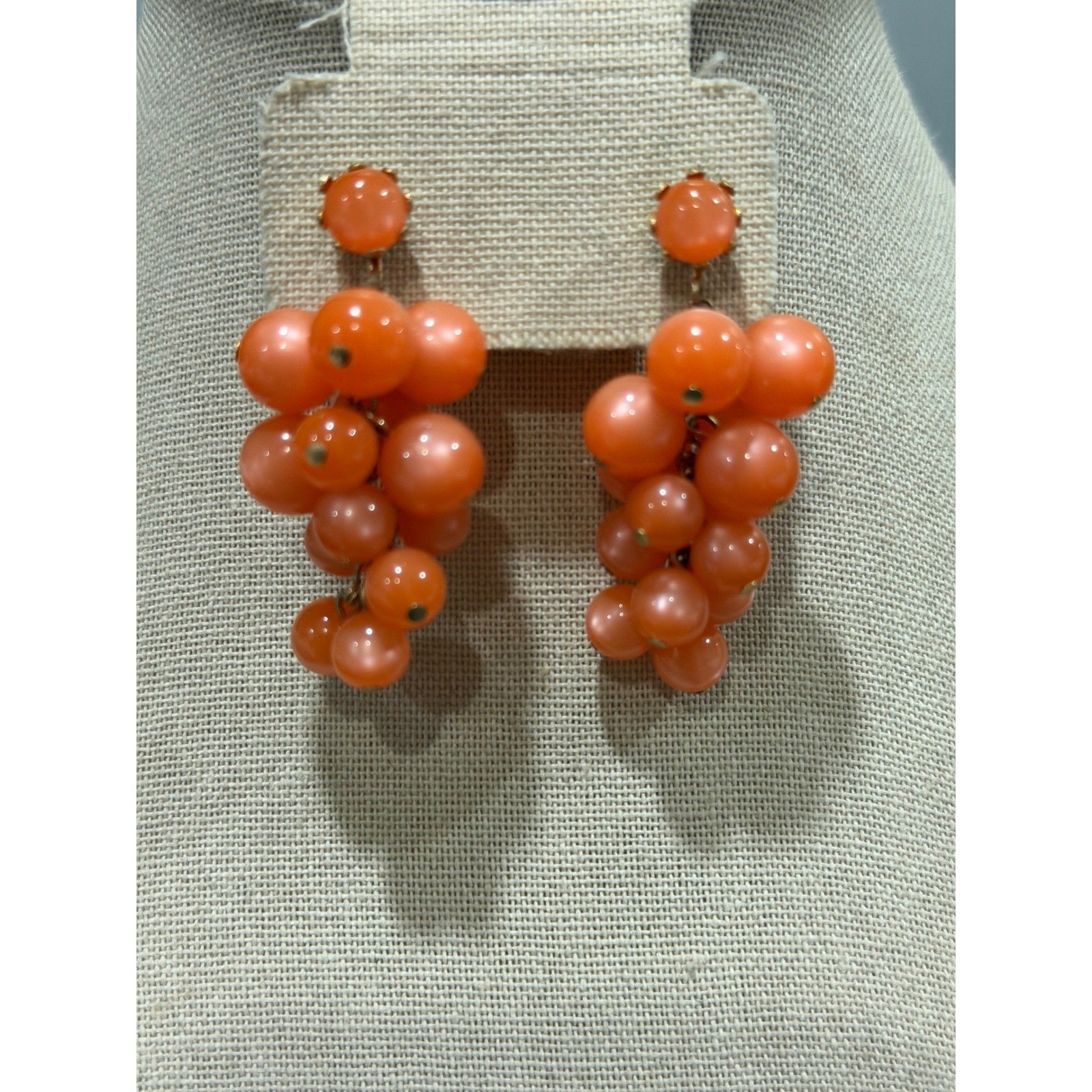 Vintage Grape Cluster Orange Moon Glow Earrings Mid-Century Clip-On