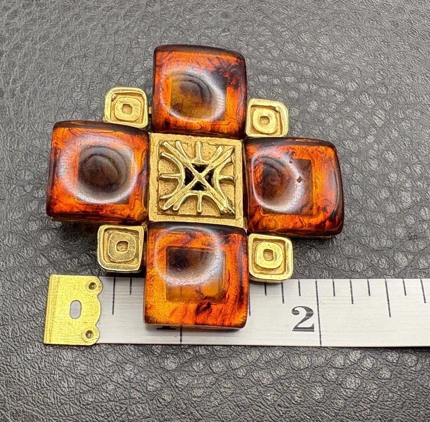 Vintage HUGE 80s Gold Tone Faux Amber Maltese Cross Brooch Pin Statement Piece