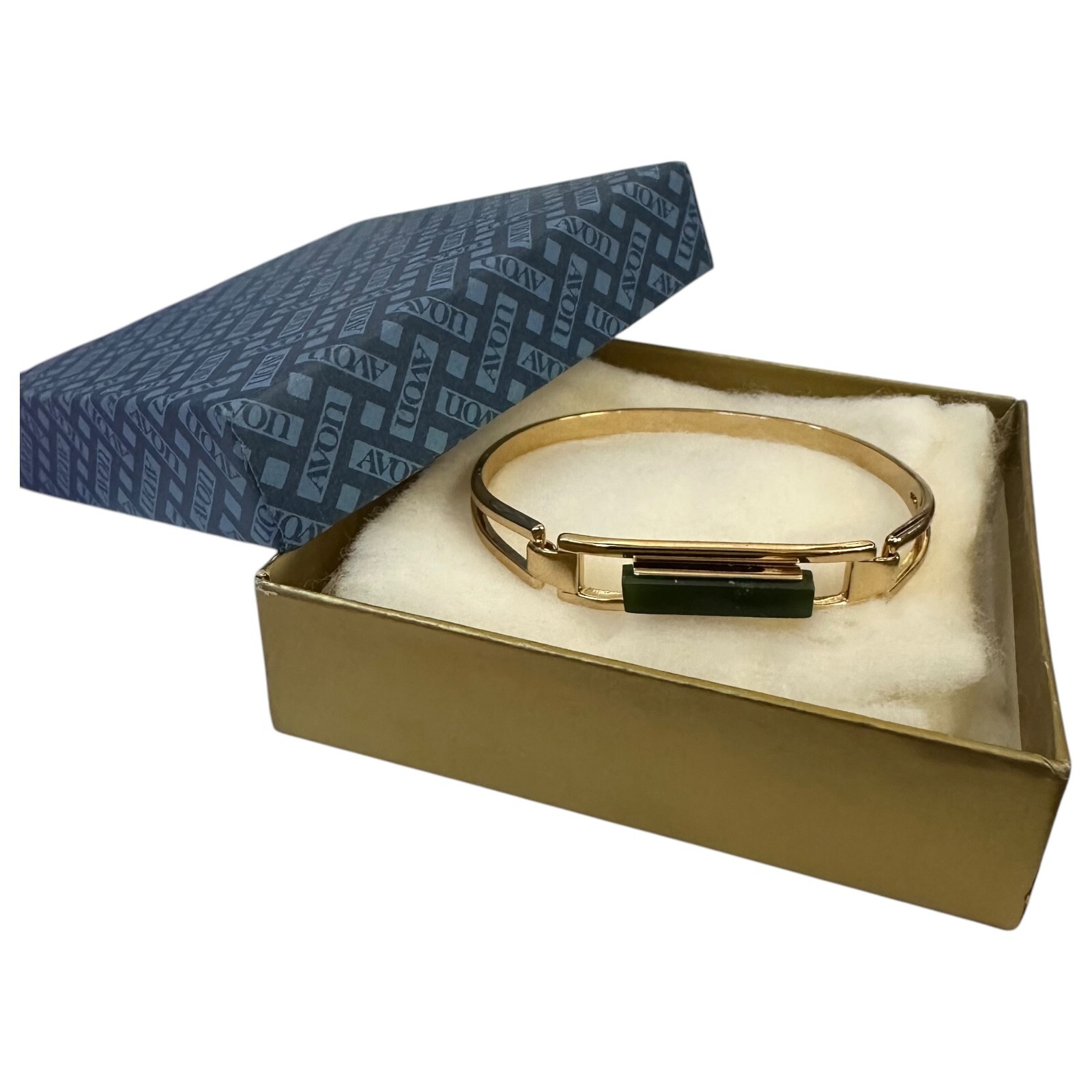 Vintage 1978 Avon Treasured Genuine Jade Bar Hinged Bangle Bracelet 6¼” Goldtone