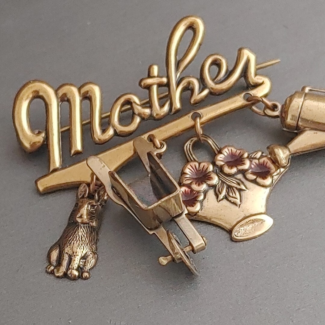 Vintage Brass Charm MOTHER Brooch Pin Gardening Bunny Wheelbarrow Flowers 1.75”