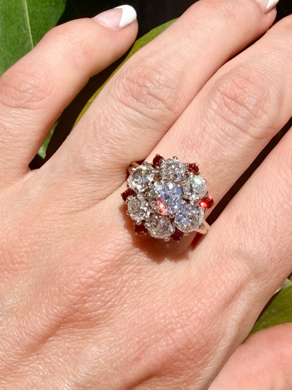 Rare Edwardian 4.43ct Old European Mine Cut Diamond Orange Sapphire Cluster Ring