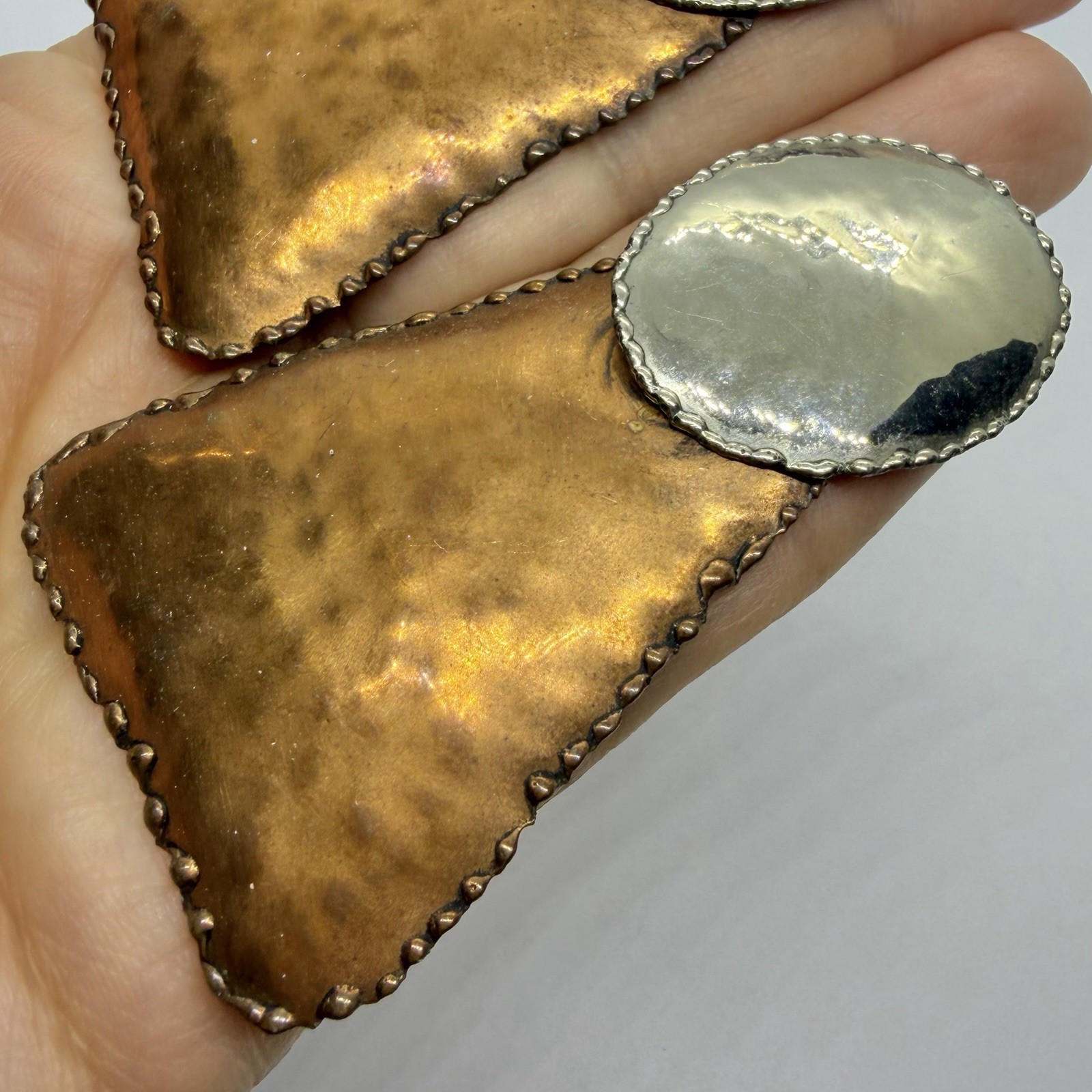Vtg Big Artisan Mixed Metal Brutalist Statement Earrings Geometric Post Hammered