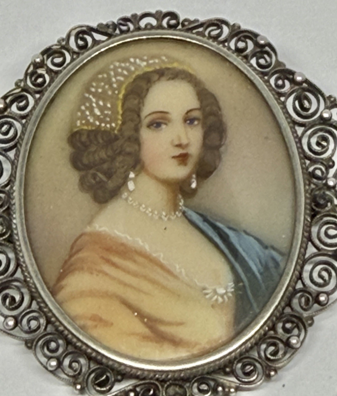 Vintage Renaissance Lady Portrait Hand Painted Miniature Brooch 800 Silver