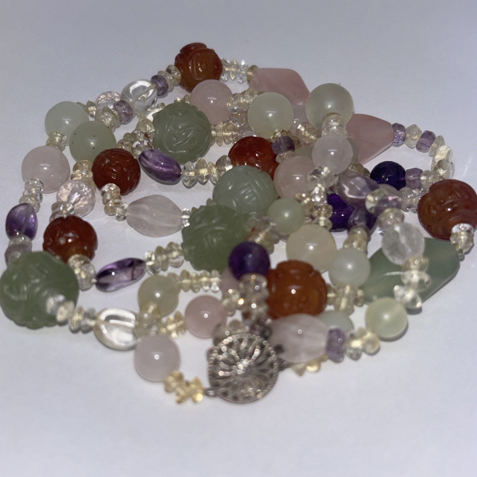 Multi-Gemstone 2-Strand Necklace Carved Jade Amethyst Sterling Silver STG 85g