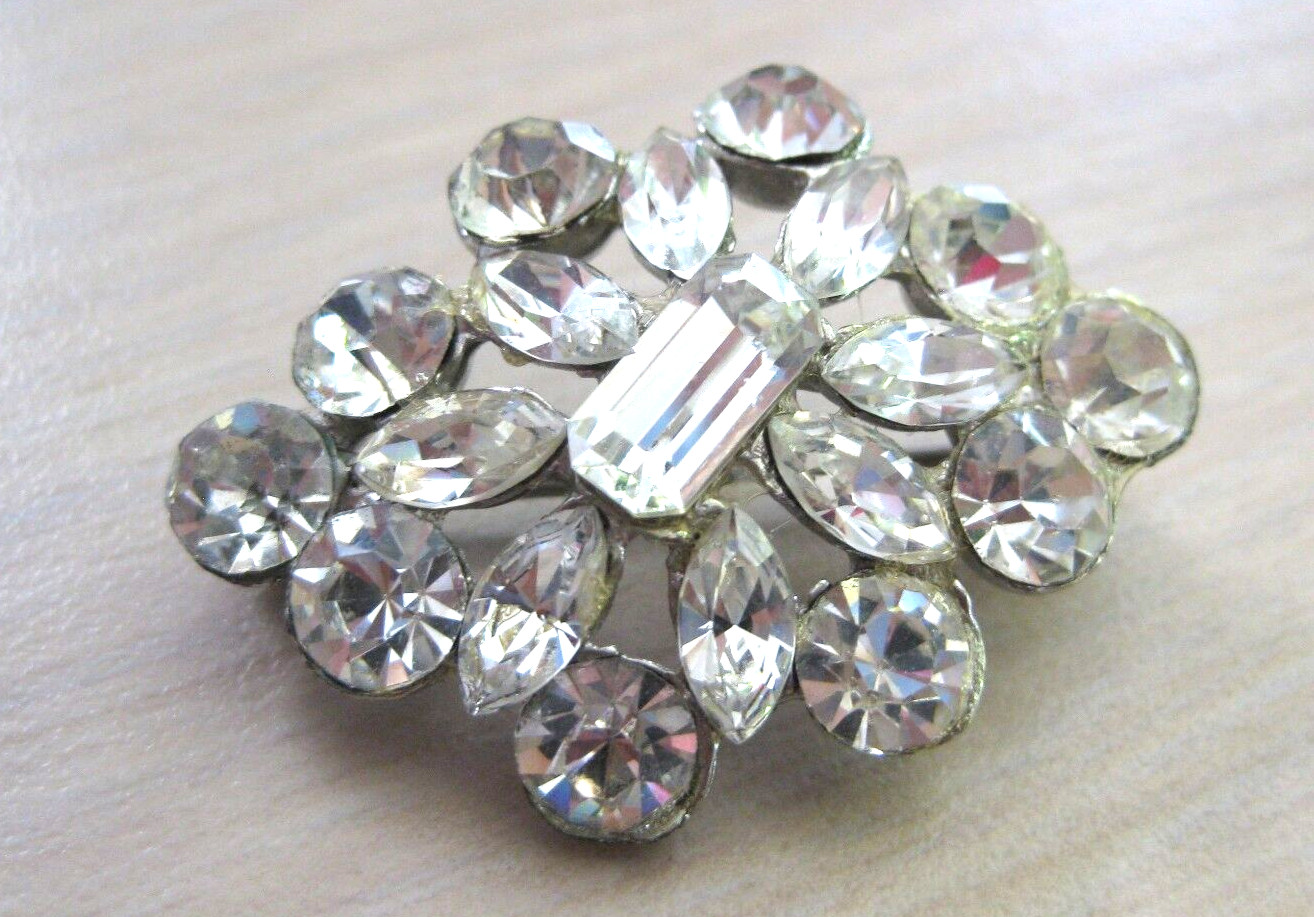 Estate Costume White Rhinestone Emerald Marquise and Round Cut Pin Silver Tone