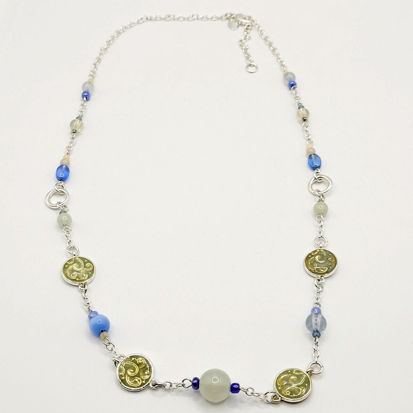 Blue & White Moonstone with Glass & Enamel Silver Tone Chain Necklace KR 24 Inch