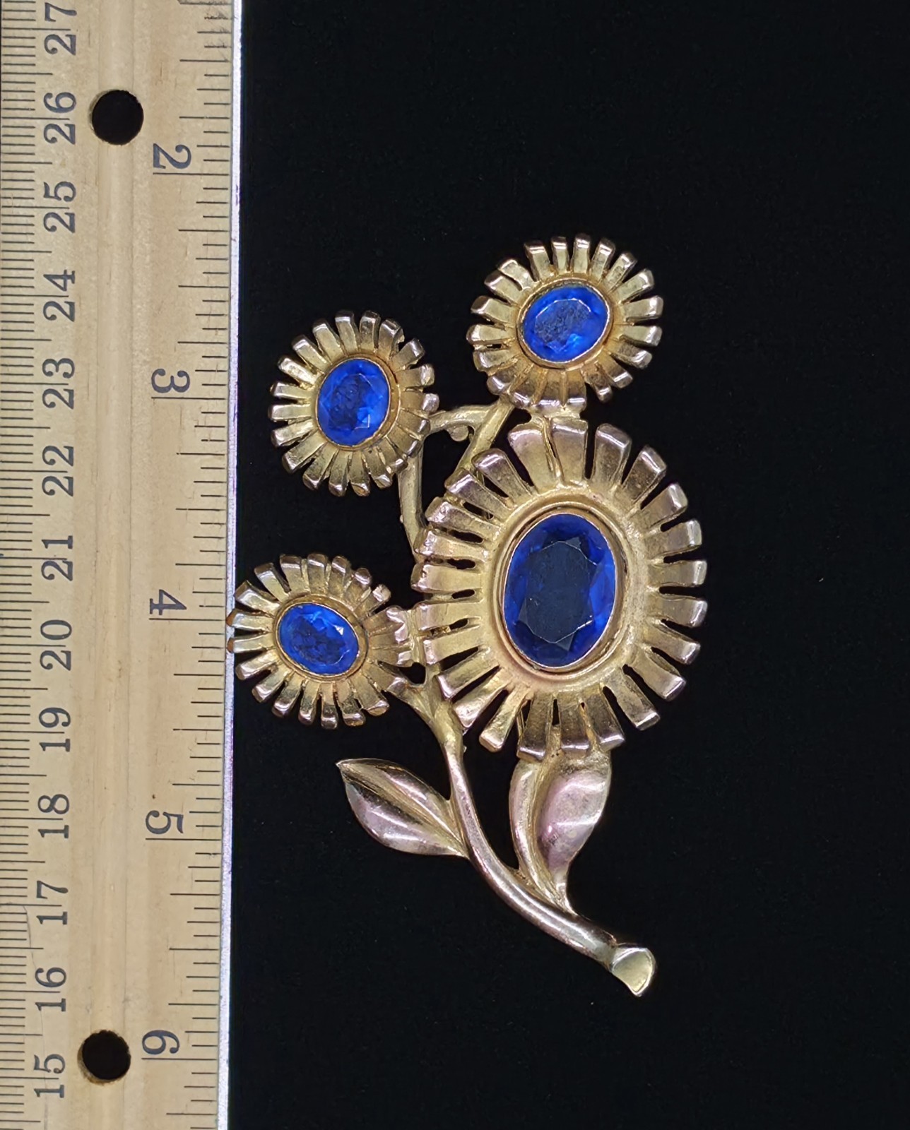 Vtg 1930s/40s Pot Metal Floral Spray Bouquet Blue Rhinestone Brooch Pin