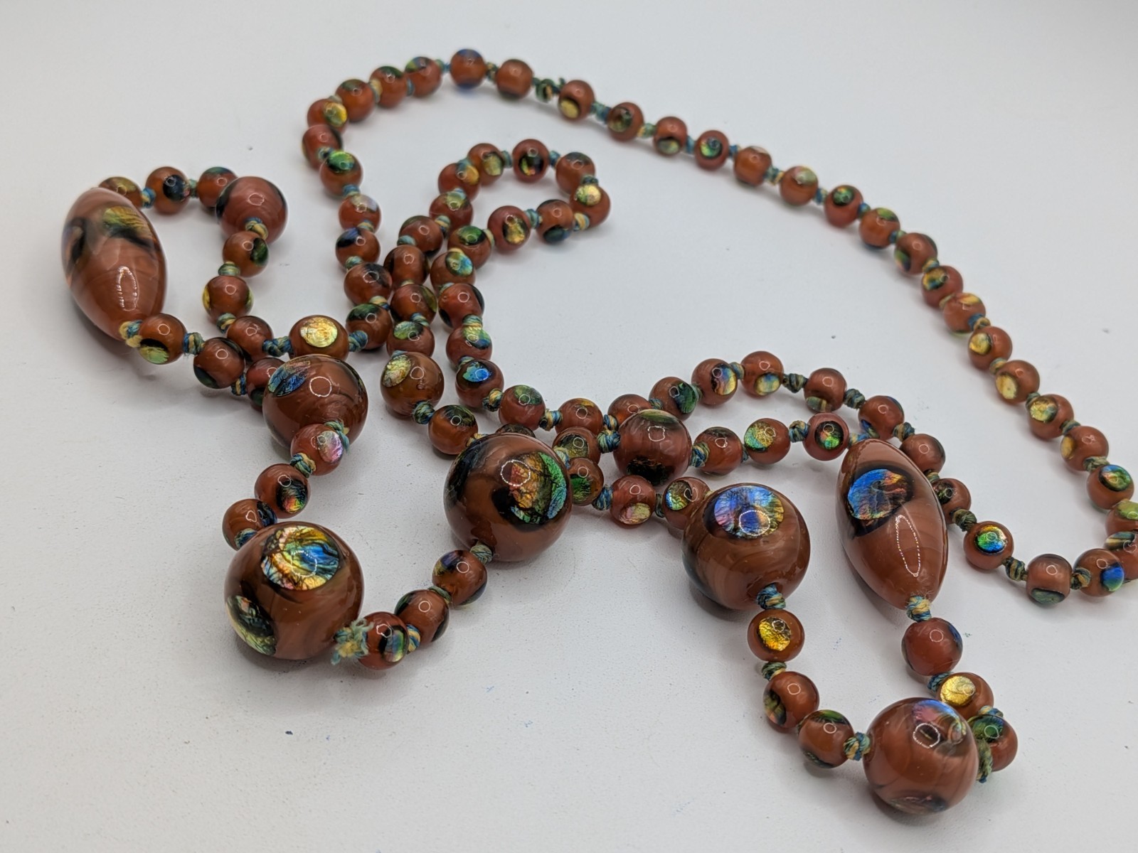 Art Deco Antique Czech Glass Rainbow Foil Peacock Eye Bead Necklace Brown Read