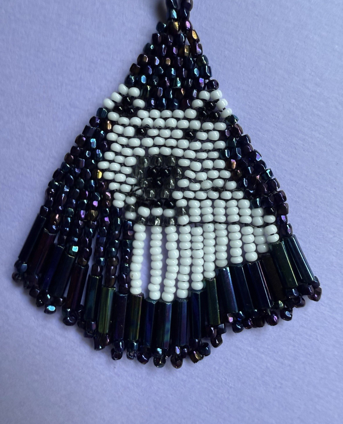 Vintage Polar Bear Glass Woven Sead Bead Dangle Tassel Long AB Black Earrings