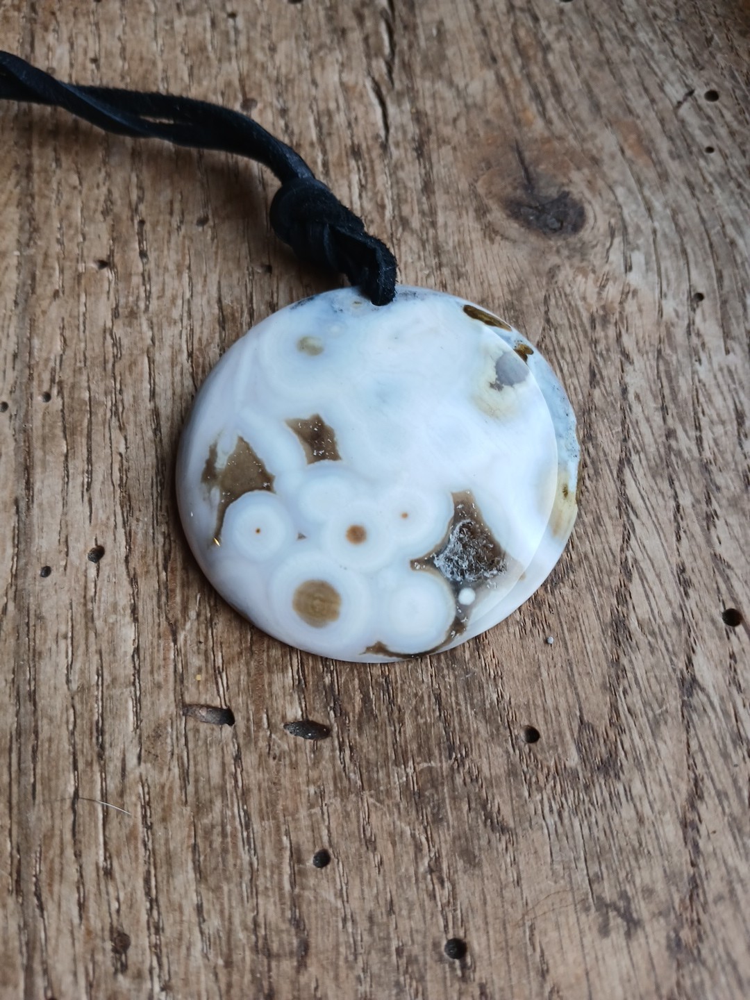 Ocean Jasper Necklace Leather Cord Hippie Boho Layering Beautiful Pattern Round