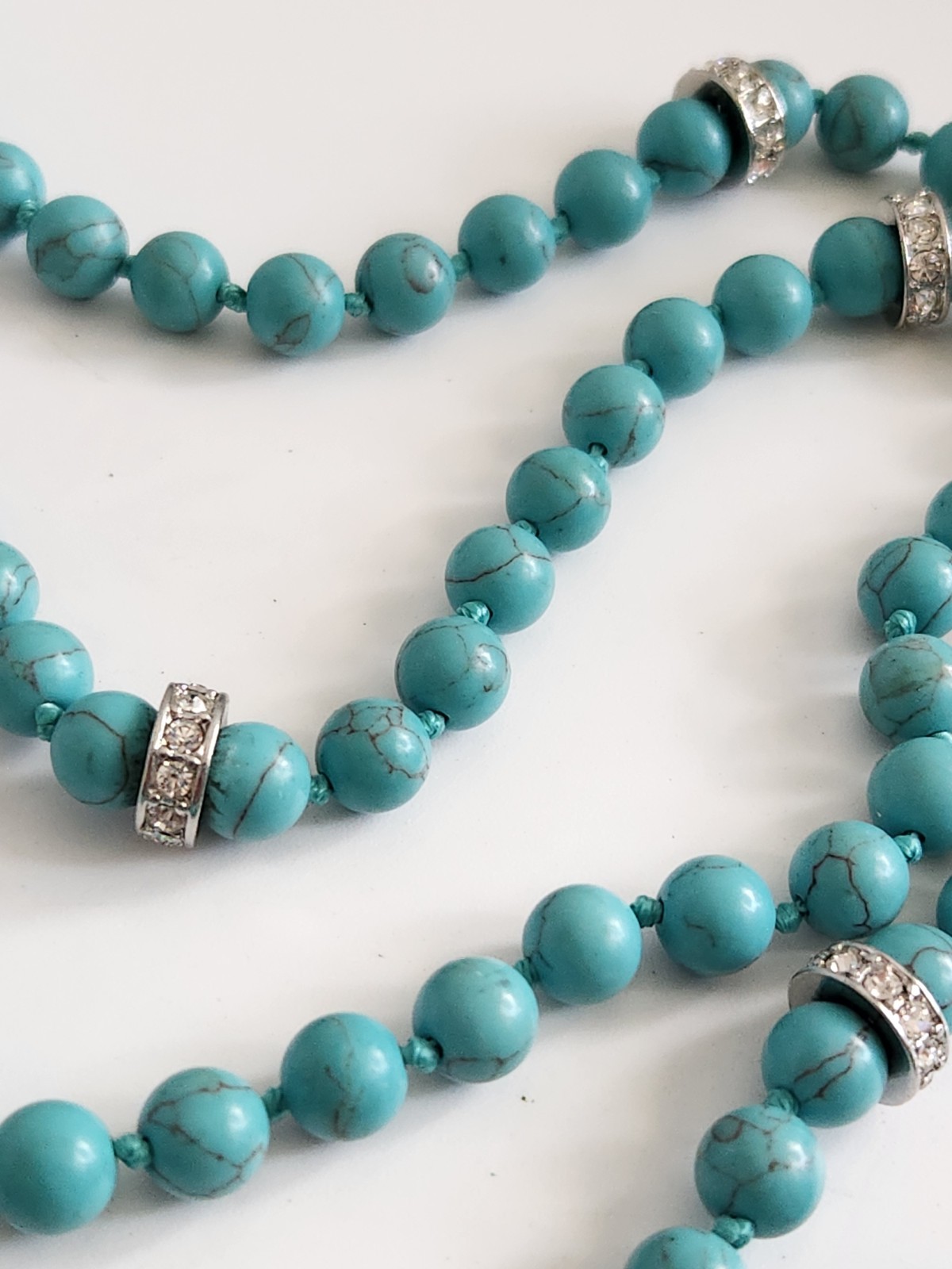 Vintage Genuine Turquoise Pave Rhines Hand Knot Necklace 50″ Mag Adjust 16 + 34