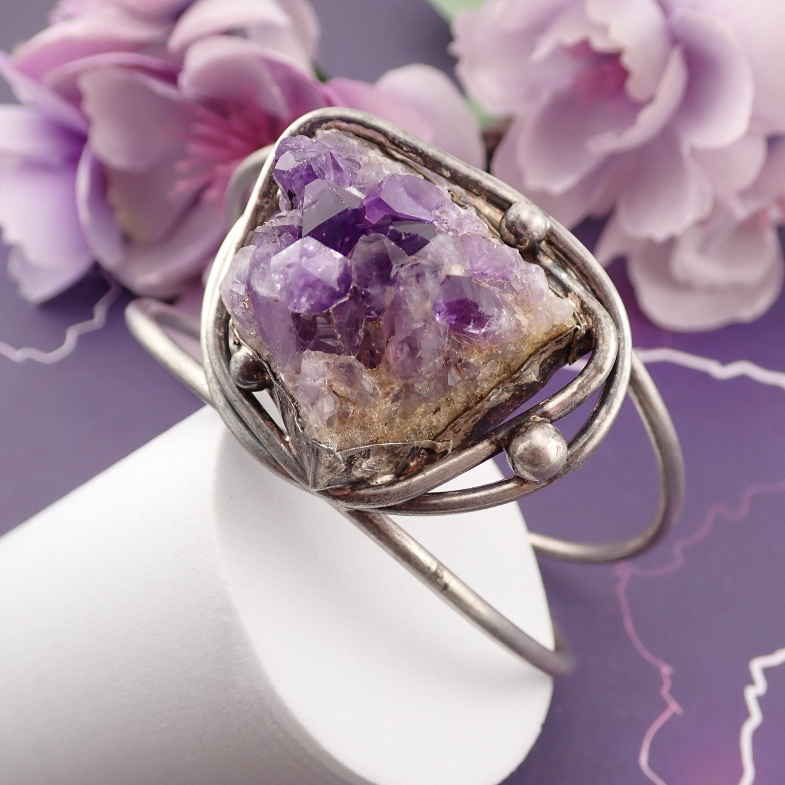 Vtg Sterling Silver Natural Amethyst Geode Crystal 7″ Cuff 41.9 gr Bracelet