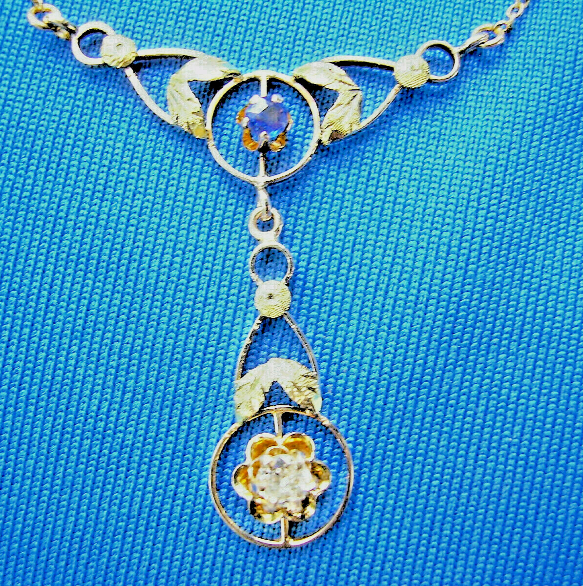 Original EARTH MINED DIAMOND SAPPHIRE Deco Pendant 14K GOLD Antique Necklaces