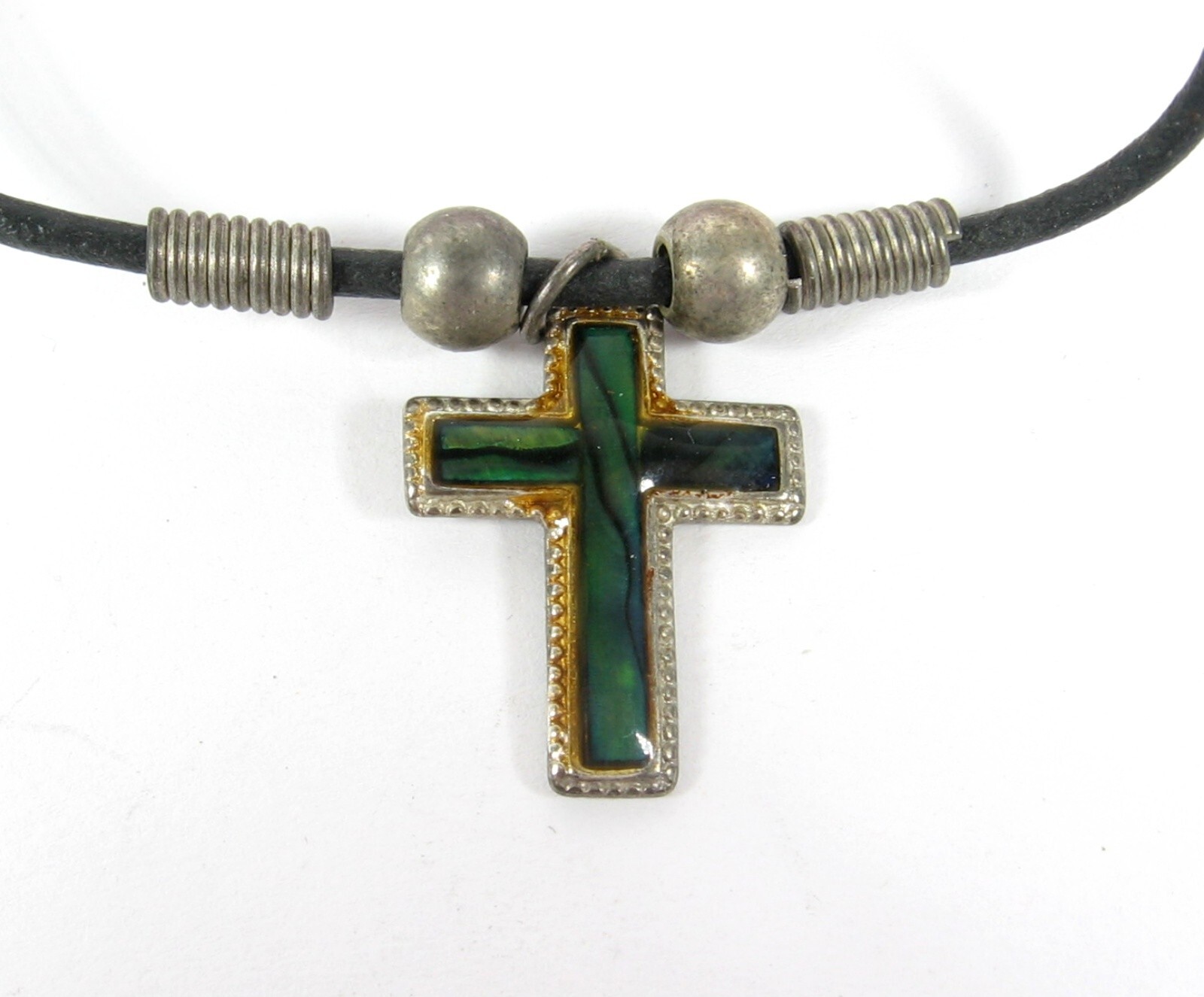 Deep Green PAUA SHELL CROSS Vintage NECKLACE Silvertone Metal Black Cording 16″