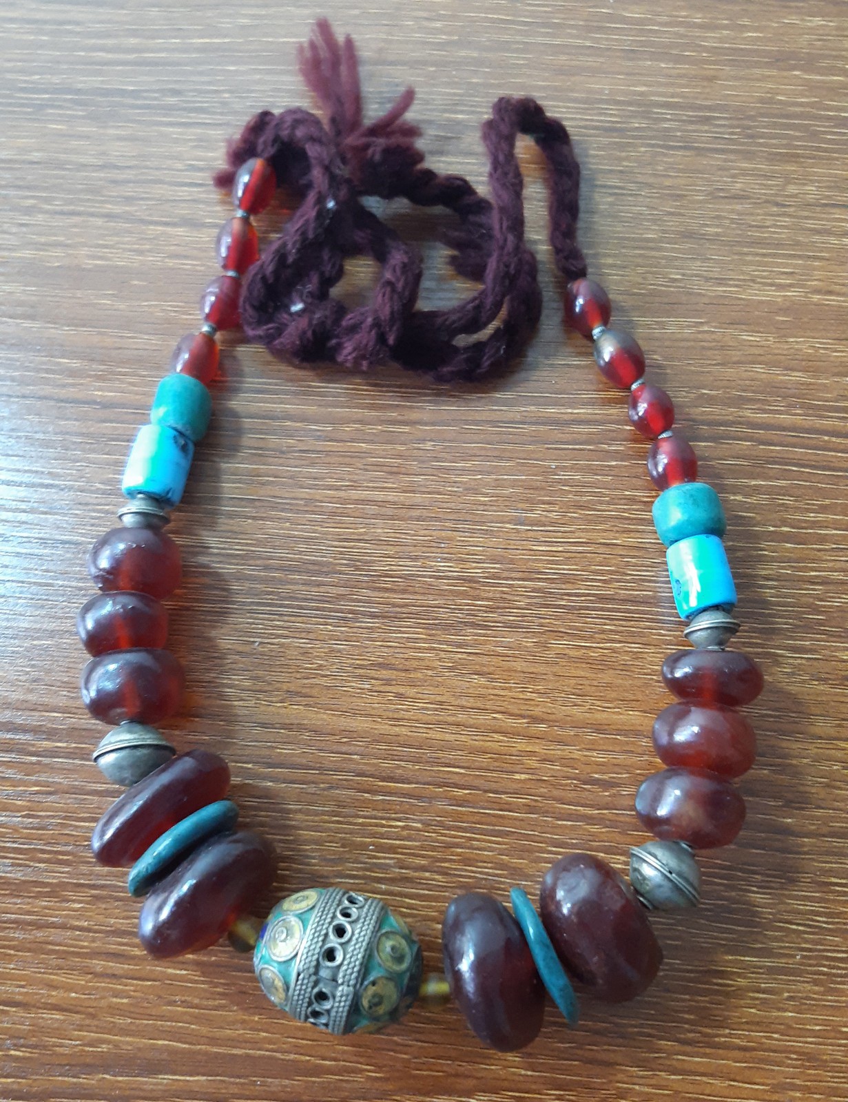3 old Handcrafted Berber Necklace resin Bead Amber Color Artisan Jewelry Morocco