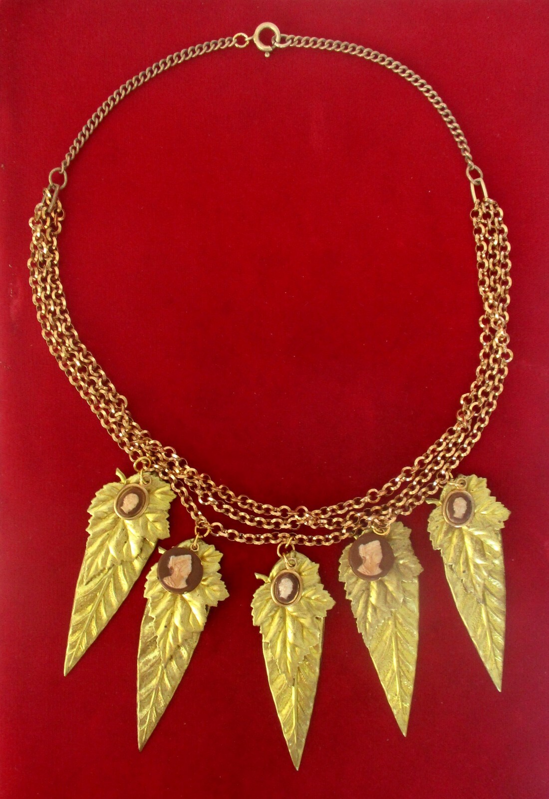 Vintage Jewelry Set: Brass Leaf Necklace With Cameos & Matching Earrings/Boho/