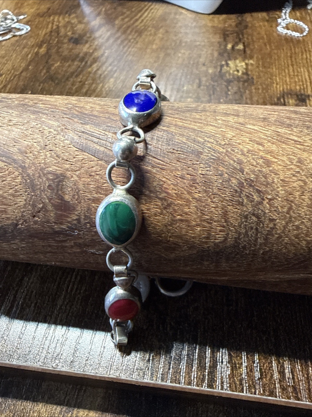 ATI Mexico Bracelet Link Multicolor Multi-Stone Handmade 8.5”Sterling Silver 925