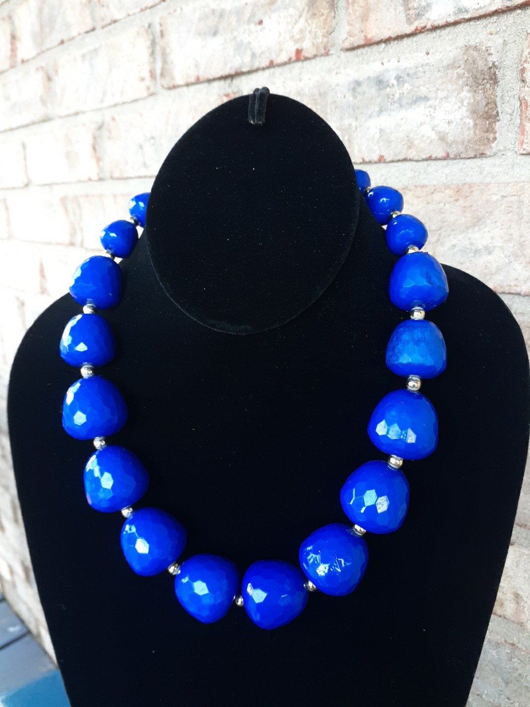 Vintage Statement Necklace Blue Beaded Chunky 18”