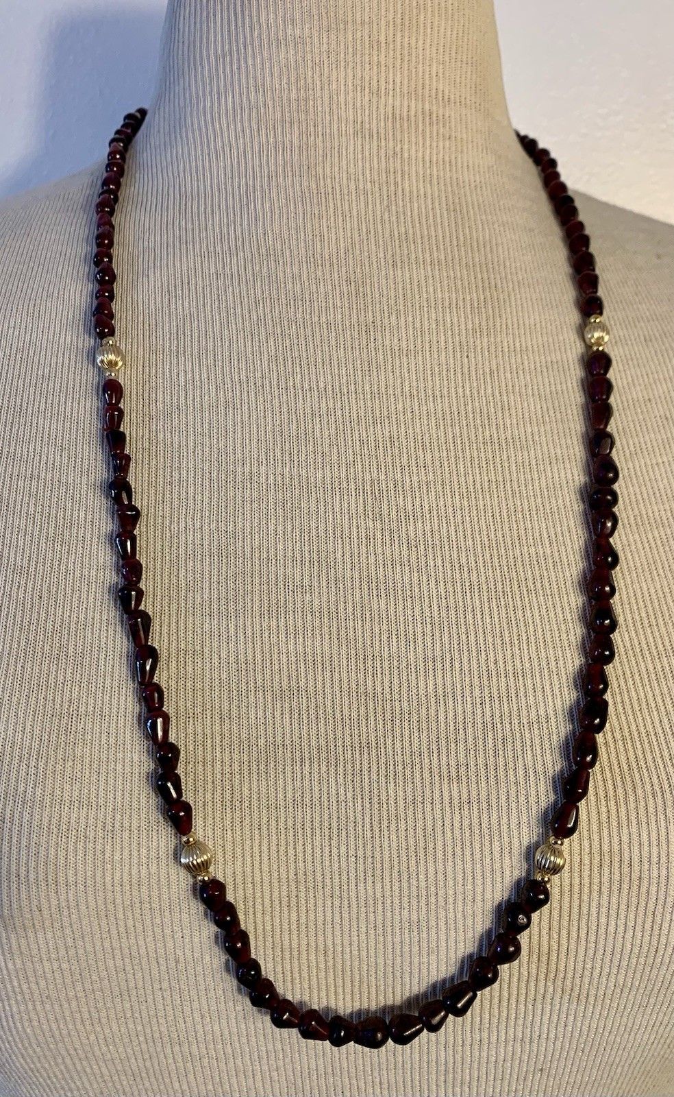 Vintage Dark Red Garnet Beaded Necklace With Gold Plated Accent Beads, 30” L