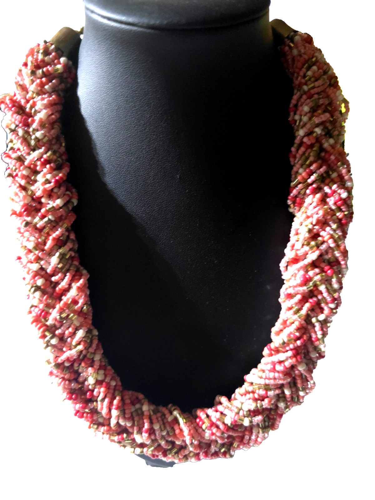 Vintage Bayadere pink white brown braided beads gold tone 21″