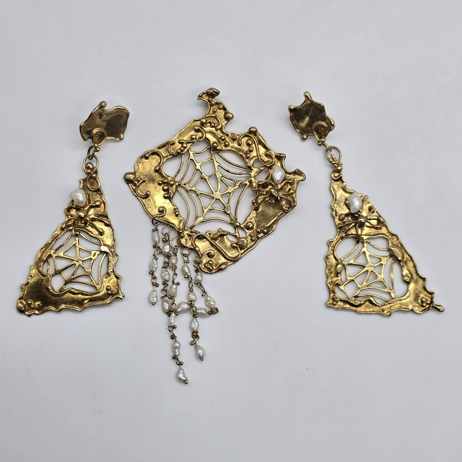 VTG Abstract Brutalist Spider Web Gold over Sterling Pearl Pendant Earrings Set